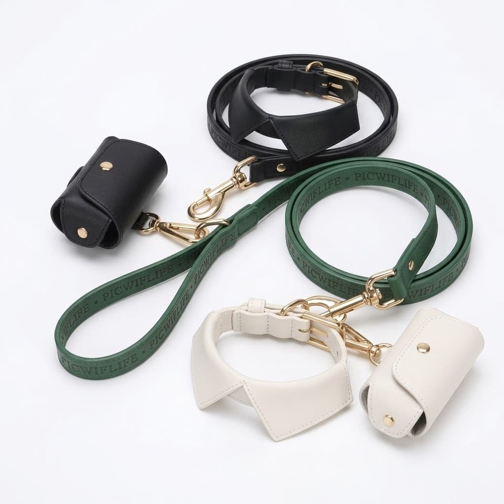 Leather Collar, Leash & Bag Holder Set